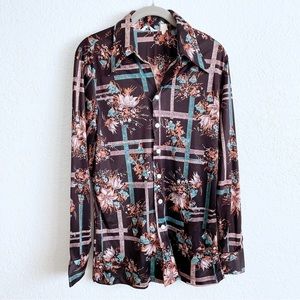 Vintage Polyester Long Sleeve Button Up Brown Floral Print Shirt MEDIUM Disco